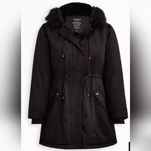 NWT Sz 1X (14/16) Torrid Women's Black Winter Coat Faux Fur Lined W/Hood Trim